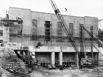 Tummel/Garry Project. Contract 14. Clunie Power Station. Frontal view from tailrace.
Scan of negative no. 29, Box 870/2