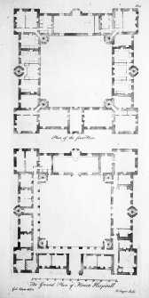 Scanned image of drawing showing plans of the Ground and first floors, taken from 'Vitruvius Scoticus', plate 105 by William Adam