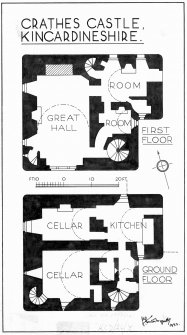 Crathes Castle
Ground and first floor plans, titled: 'Crathes Castle, Kincardineshire'
Pen and ink. Scale 1":8'