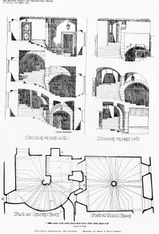 Fyvie Castle, interior.
Scanned image of plan of main staircase.
Titled: 'Fyvie Castle, Aberdeenshire: Main Staircase' 'Measured and Drawn by David Thomson' 
'Supplement to the Builders' Journal and Architectural Record' 'Wednesday, March 4th, 1903' 'Section on line A-B' 'Section on line C-D' 'Plan at Ground floor' 'Plan at First floor'.
