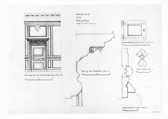 Drawing showing details of door and panelling and window-shutter on stair and shuttered window section, Careston Castle.