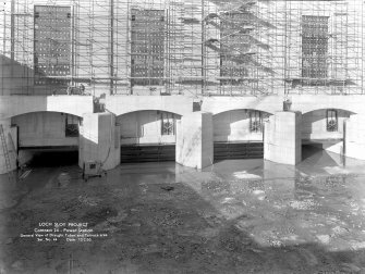 Loch Sloy Project, Contract 24 - Power station. General view of draft tubes and tailrace area.
Scanned image of negative no. 44, Box 873/1.