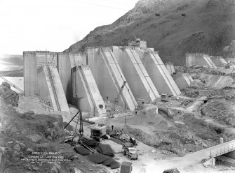 View looking on downstream south face of Loch Sloy dam, Loch Sloy Project, Contract 22 in 1949.