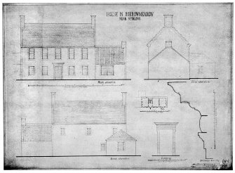 Plan of farmhouse.  N, S and E elevations of farmhouse.  Elevation of farmhouse doorway.  Doorway mouldings.