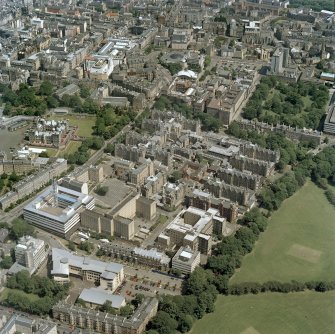 Scanned image of oblique aerial view centred on the old Royal Infirmary hospital with George Heriot's School and Edinburgh University adjacent, taken from the S.