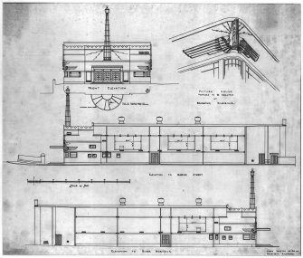 Elevations and detail of decorative corner feature.
Scanned image of E 33727.