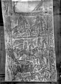 Detail of reverse of St Orland's Stone, showing mounted figures and boat.
