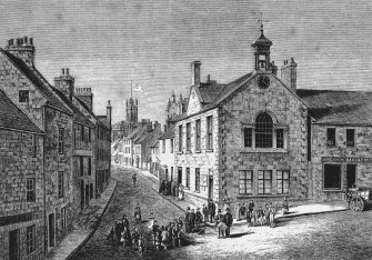 General view.
Inscribed at top: "High Street and Town Hall of Brechin".
Inscribed at bottom: "Church Street, Having Mechanics' Hall in the Distance".