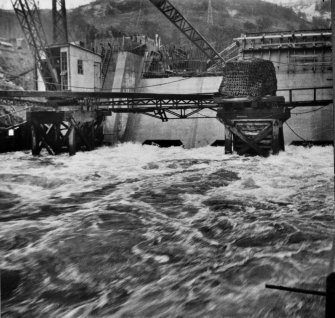 View of Tummel/Garry Project. Contract 304. Clunie Dam. View from left hand training wall of downstream face of left hand spillway. Time 12.45 p.m.
Tummel/Garry Album, Plate no. 1.