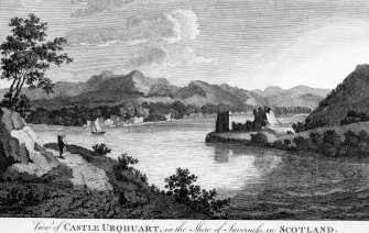 Scanned image of engraving showing view of Urquhart Castle
Titled: 'View of CASTLE URQHUART, in the Shire of Inverness, in SCOTLAND.'
