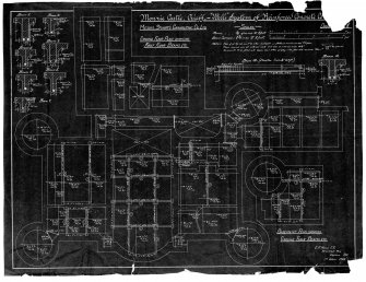 Scanned image of drawing showing basement and ground floor plans with first floor beams.