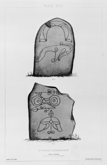 Incised Pictish symbol stones at Congash, numbered 1 and 2.
From J Stuart, The Sculptured Stones of Scotland, vol. ii, 1867, plate cvii.