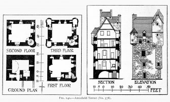 Scanned image of drawing showing floor plans, section and elevation.