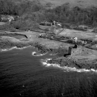 Aerial view of Portencross Castle from West South West