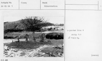 Copy of complete OS card, including general view of stone circle in snow, hills in background.