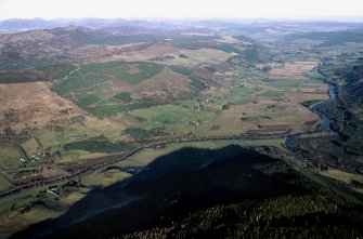 Oblique aerial view of Upper Strathtay, taken from above Drummond Hill, looking E (downstream)towards Aberfeldy.