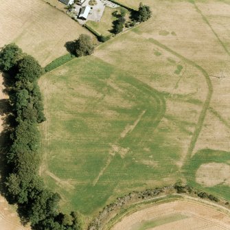 Dalginross, oblique aerial view, taken from the WNW, centred on the cropmarks of the Roman Fort.