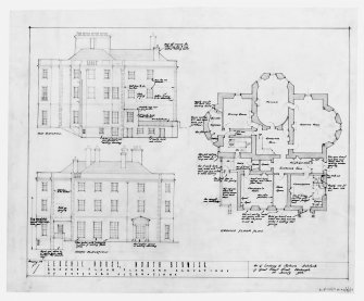 Scanned image of drawing showing ground floor plan and E and N elevations.