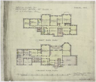 Moray, Elgin, The Bield.
First and ground floor plans.
Titled:   'Sketch Plans Of Proposed House At Elgin For E.S. Harrison Esq.'  
Insc:   'Scheme No 2.'    'James B. Dunn A.R.S.A.  F.R.I.B.A.  14 Frederick Street  Edinburgh  Sept 1927.