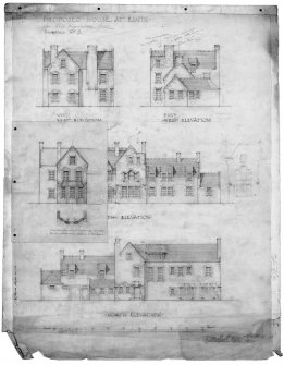 Moray, Elgin, The Bield.
Scanned image of drawing of West, East, South and North elevations with notes attached and two flaps over the South elevation showing alterative designs. 
Titled:  'Proposed House At Elgin For E.S. Harisson Esq.  Scheme No 9'.
Insc:  'James B. Dunn A.R.S.A.  F.R.I.B.A.  14 Frederick Street Edinburgh  April  1928'.