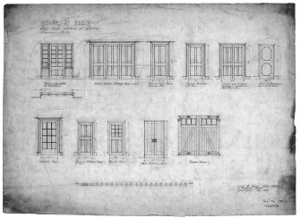 Moray, Elgin, The Bield.
Scanned image of drawing of detail of doors.
Titled:  'House At Elgin  Half Inch Details Of Doors.  Drawing No 10.'
Insc:  'James B. Dunn A.R.S.A.  F.R.I.B.A.  14 Frederick Street Edinburgh  July 1928'.
