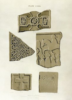 Pictish symbol stone, crosses and sculptured stones (Drainie nos 1, 11, 12, 13, and 17).
From J Stuart, The Sculptured Stones of Scotland, i, pl.cxxix.
