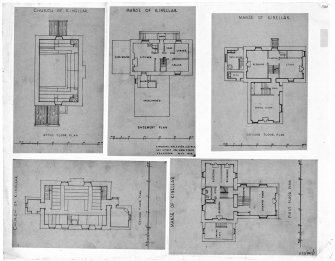 Scanned image of 5 drawings showing ground and attic floor plans of church and basement, ground and first floor plans of manse.