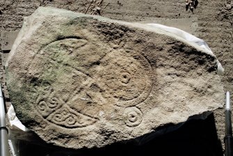 Scanned image of symbol stone, bearing crescent and V-rod and triple-disc.
Photographed at Cairnton Farm.