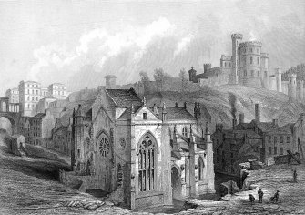 Engraving insc: "Trinity College Church, Edinburgh, South West view. Drawn by R.W.Billings. Engraved by J.H.Le.Keux. Edinburgh, Published by William Blackwood & Sons, 1847".