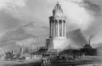 Burns' Monument, Regent Road, Edinburgh.  Engraving showing view of monument with soldiers and carriages in foreground.