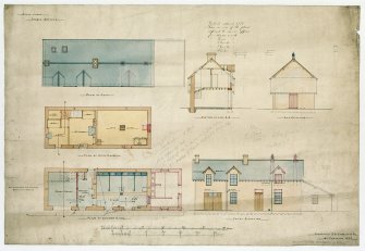 Craig Lodge, stable offices.
Scanned image of drawing showing roof, upper floor and ground floor plans; section and end and front elevations.