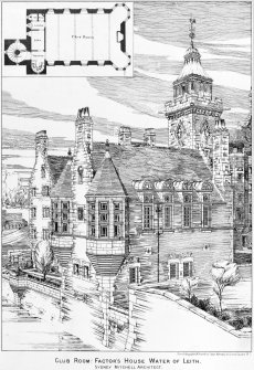 Scanned image of ink print of plan and elevation of Well Court Hall inscr; 'Club Room  Factor's House Water of Leith' taken from The British Architect.