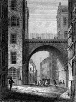 Scanned image of engraving showing view of South Bridge viewed from Cowgate.
Insc. "South Bridge.   Drawn, Engd. & Pubd. by J.& H.S. Storer, Chapel Street, Pentonville  July 1 1818"