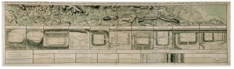 Drawing showing the course of the entire Antonine Wall along with plans and sections of the main forts and fortlets along the Wall. Surveyed in 1755.
Titled 'Plan showing the course of the Roman wall called grime's Dyke...together with plans of those stations belonging to the wall'.

