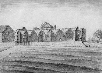 Scanned image of drawing showing church ruins from South.