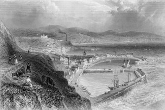 Engraving showing elevated view of Stonehaven harbour.