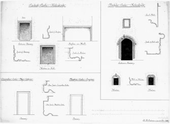 Scanned image of drawing showing doorways, fireplace and windows at Barholm Castle, Carsluith Castle, Craigmillar Castle and Montsode Castle.
