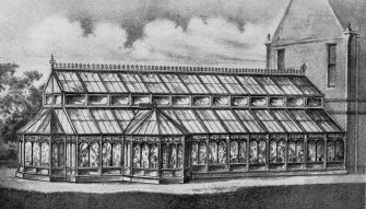 Perspective view of conservatory. Photographic copy of an illustration in MacKenzie & Moncur's Catalogue of Horticultural Buildings, 1907, p.90.