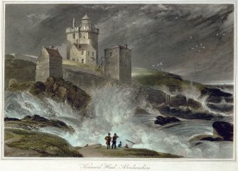 Aquatint view of the castle in a storm.

