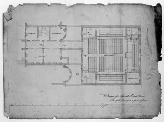 Scanned image ofdrawing showing ground floor plan.
Title: 'No.2 Design for Synod House Etc  Plan of the principal or ground floor'.
Label in bottom right covering insc: 'Edinburgh 26 Feby 1846  Arch Scott Arct'.

