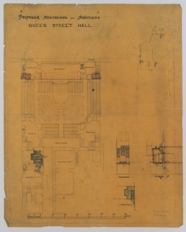 Scanned image of drawing whowing ground plan, roof plan, elevation and section showing alterations and additions. Titled: 'Proposed Alterations and Additions Queen Street Hall.'
