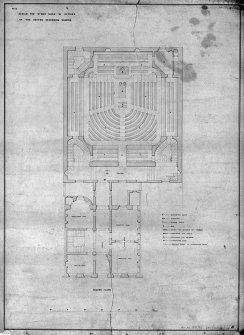 Scanned image of drawing showing ground floor plan with annotations showing use of space and seating areas.
Title: 'No2 Design for Synod Hall & Offices  Of  The United Secession Church.'
Insc: 'D'. 
