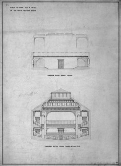Scanned image of drawing showing transverse sections through corridor and looking towards entrance door.
Title: 'No4. Design for Synod Hall & Offices  Of  The United Secession Church.'
Insc: 'Finished Sketch'.  'D'.
Insc on verso: 'Sketches of Drawings for Synod Hall.'