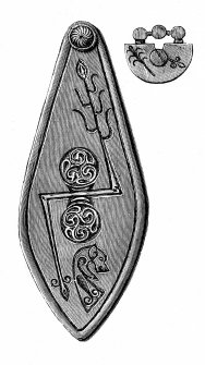 Digital image of engraving of plaque and pin-head from Norrie's Law. Proc Soc Antiq Scot, vi (1864-6), pl.1.