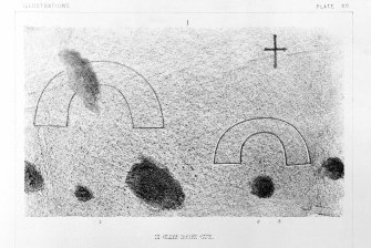 Wall carvings at Glass Cave.
Photographic copy of plate from 'The Sculptured Stones of Scotland', J Stuart, 1867, vol  ii, pl.30.