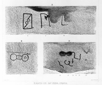 Wall carvings at Sliding Cave.
Photographic copy of plate from 'The Sculptured Stones of Scotland', J Stuart, 1867, vol  ii, pl.30.