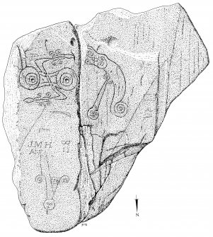 Scanned ink drawing of Trusty's Hill rock-carved Pictish symbols.