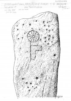Digital copy of drawing of cup-marked and symbol-inscribed stone.
