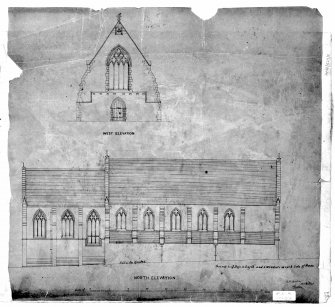 Scanned image of photographic copy of West and North elevations.