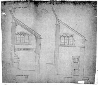 Scanned image of photographic copy of drawing showing designs for vestry, elevation & section.